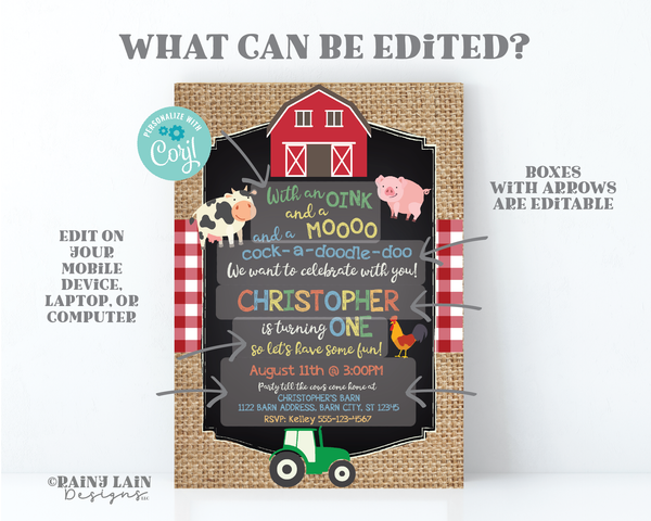 Farm Birthday Party Invitation Barnyard Animals Barn Burlap Red Gingham Plaid Green Tractor Pig Cow Rooster Oink Moo Cock-a-doodle-doo