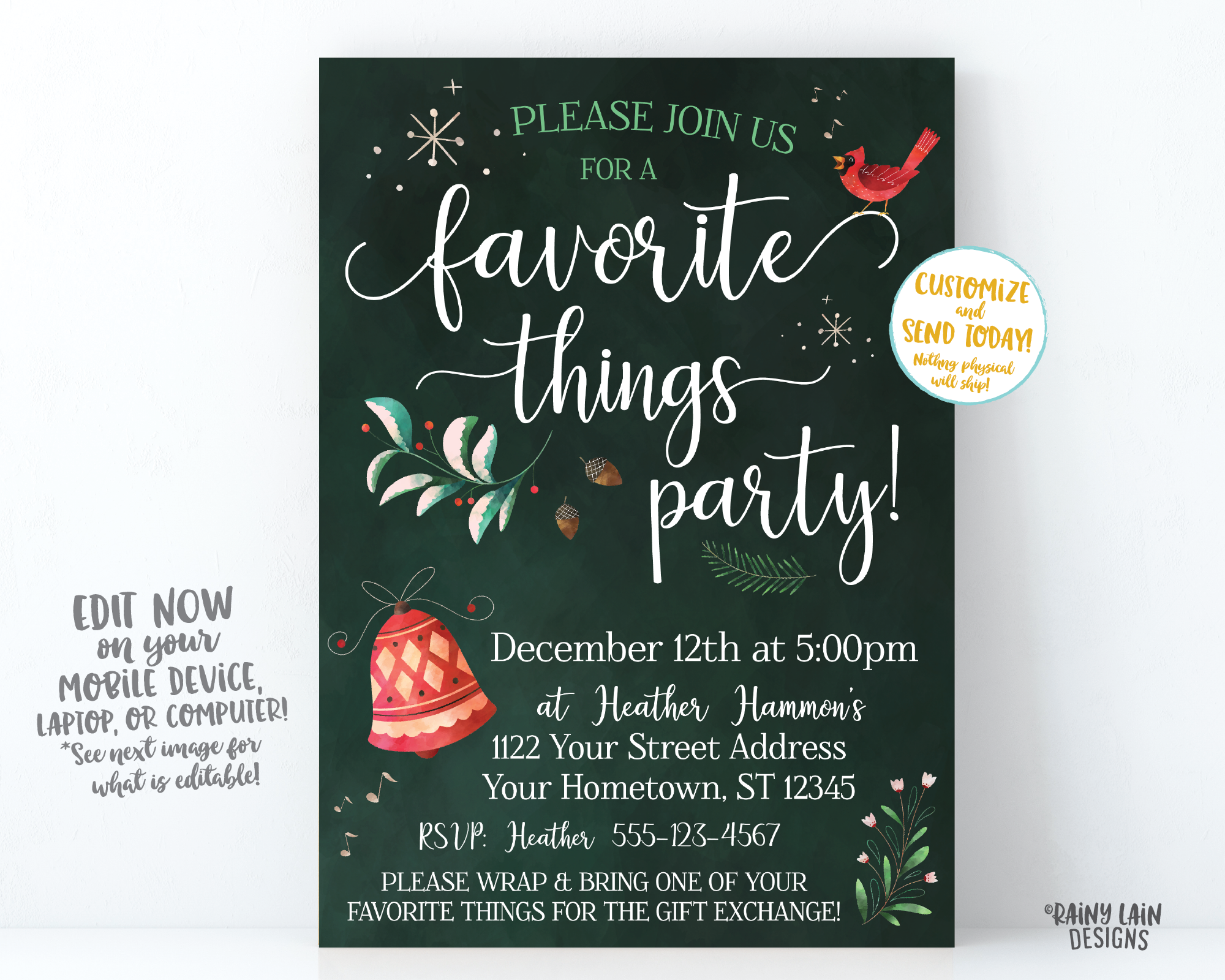 Favorite Things Party Invite, Christmas party invitation, holiday party invite, Favorite Things Invitation, bell, branches, bird, editable
