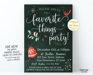 Favorite Things Party Invite, Christmas party invitation, holiday party invite, Favorite Things Invitation, bell, branches, bird, editable