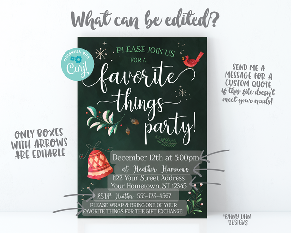 Favorite Things Party Invite, Christmas party invitation, holiday party invite, Favorite Things Invitation, bell, branches, bird, editable
