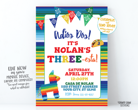 Three-esta Birthday Invitation Boy Three esta Invitation, Adios Dos Invitation, 3rd Birthday Fiesta Invitation Cactus, Serape, THREEesta