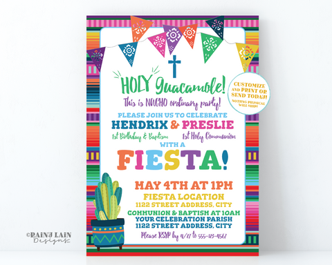 Baptism Fiesta Invitation First Communion Fiesta Invitation Joint Party Birthday Fiesta Holy Guacamole Mexican Fiesta Serape Cross