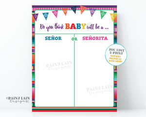 Fiesta Gender Reveal Voting Poster Señor or Señorita Gender Reveal Voting Sign Serape Papel Picado Cast Your Vote Game Printable Editable