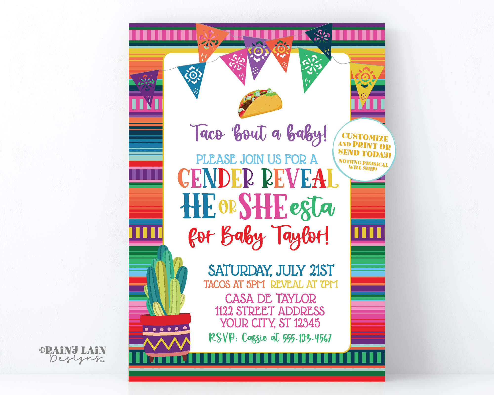 Taco bout a Baby Gender Reveal Invitation, He or She-esta Invite, He or She esta, Fiesta Gender Reveal, Gender Reveal Fiesta, Cactus, Taco