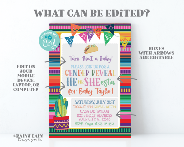 Taco bout a Baby Gender Reveal Invitation, He or She-esta Invite, He or She esta, Fiesta Gender Reveal, Gender Reveal Fiesta, Cactus, Taco