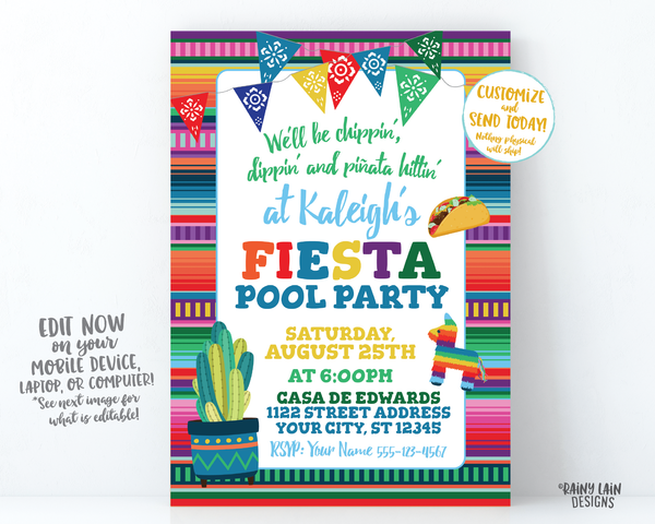 Fiesta Pool Party Invitation, Pool Party Fiesta Invitation, Taco, Piñata, Cactus, Chippin Dippin and Piñata Hittin Invite, Birthday Fiesta