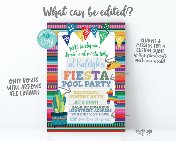 Fiesta Pool Party Invitation, Pool Party Fiesta Invitation, Taco, Piñata, Cactus, Chippin Dippin and Piñata Hittin Invite, Birthday Fiesta