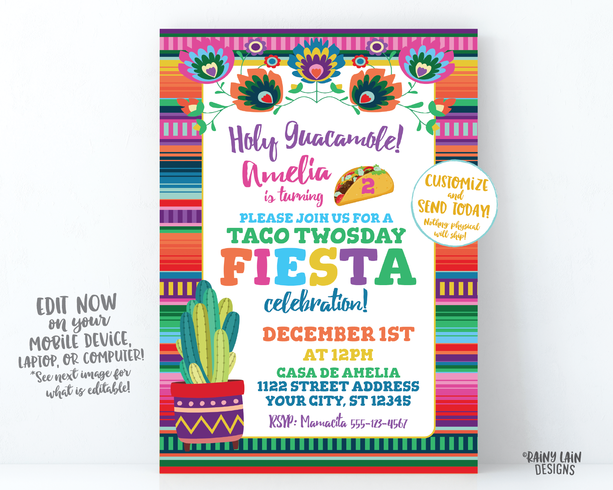 Taco TWOsday Invitation, Fiesta Invitations, Mexican Fiesta Invitation, Girl taco twosday Invite, Fiesta Birthday Invite, Cactus Invites