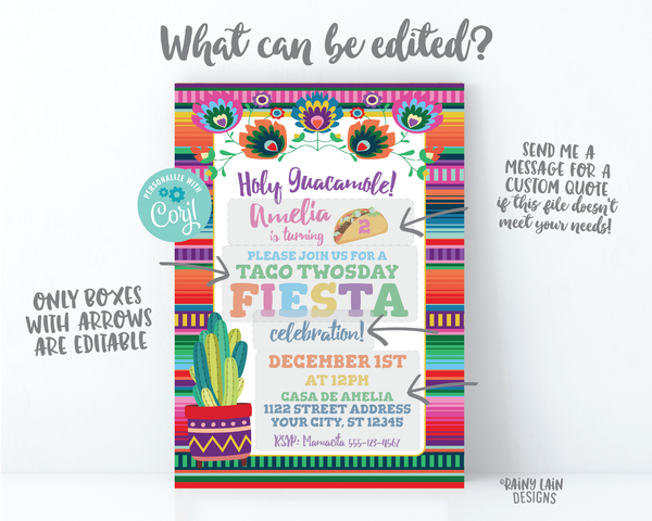 Taco TWOsday Invitation, Fiesta Invitations, Mexican Fiesta Invitation, Girl taco twosday Invite, Fiesta Birthday Invite, Cactus Invites