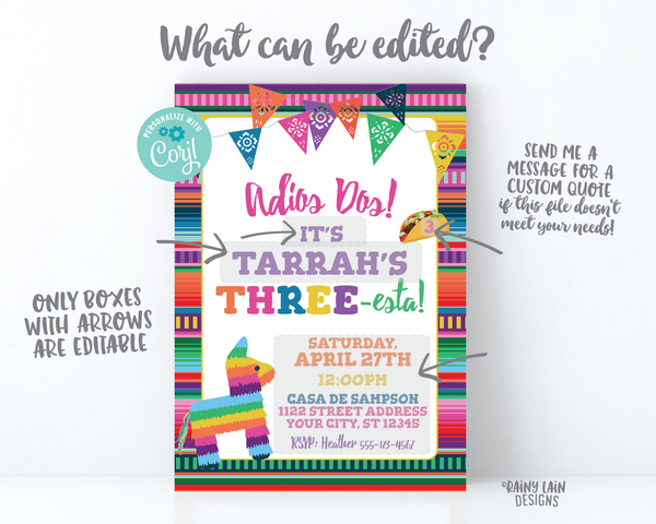 Three-esta Invitation Girl Adios Dos Invitation, 3rd Birthday Fiesta Invite, Three esta Birthday Party, Piñata, Serape, THREEesta 3rd Fiesta