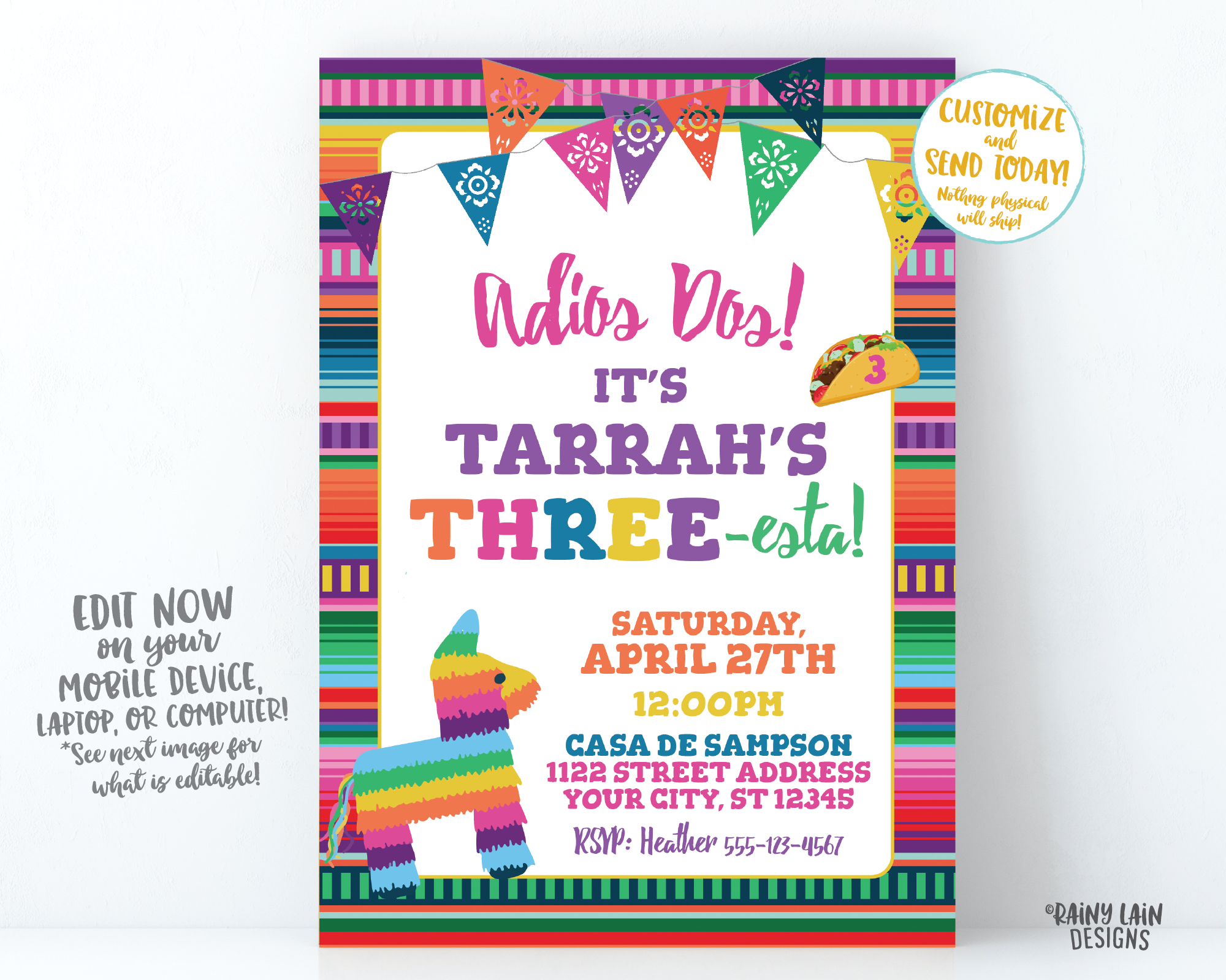 Three-esta Invitation Girl Adios Dos Invitation, 3rd Birthday Fiesta Invite, Three esta Birthday Party, Piñata, Serape, THREEesta 3rd Fiesta