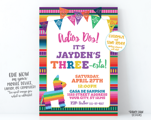 3rd Birthday Fiesta Invite, Three-esta Invitation Girl Adios Dos Three esta Birthday Party, Piñata, Serape, THREEesta 3rd Fiesta