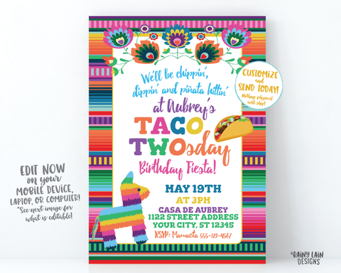 Taco TWOsday Fiesta Invitation, Taco TWOsday Invite, Chippin dippin and pinata hittin, Girl taco twosday Invite, Fiesta Birthday, Piñata