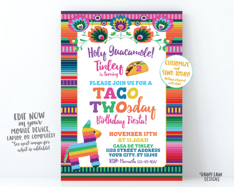 Girl Taco Twosday Invitation, Taco TWOsday Invite, Fiesta Invitations, Mexican Fiesta Invite, Fiesta Birthday Invite, Piñata, Floral, Serape