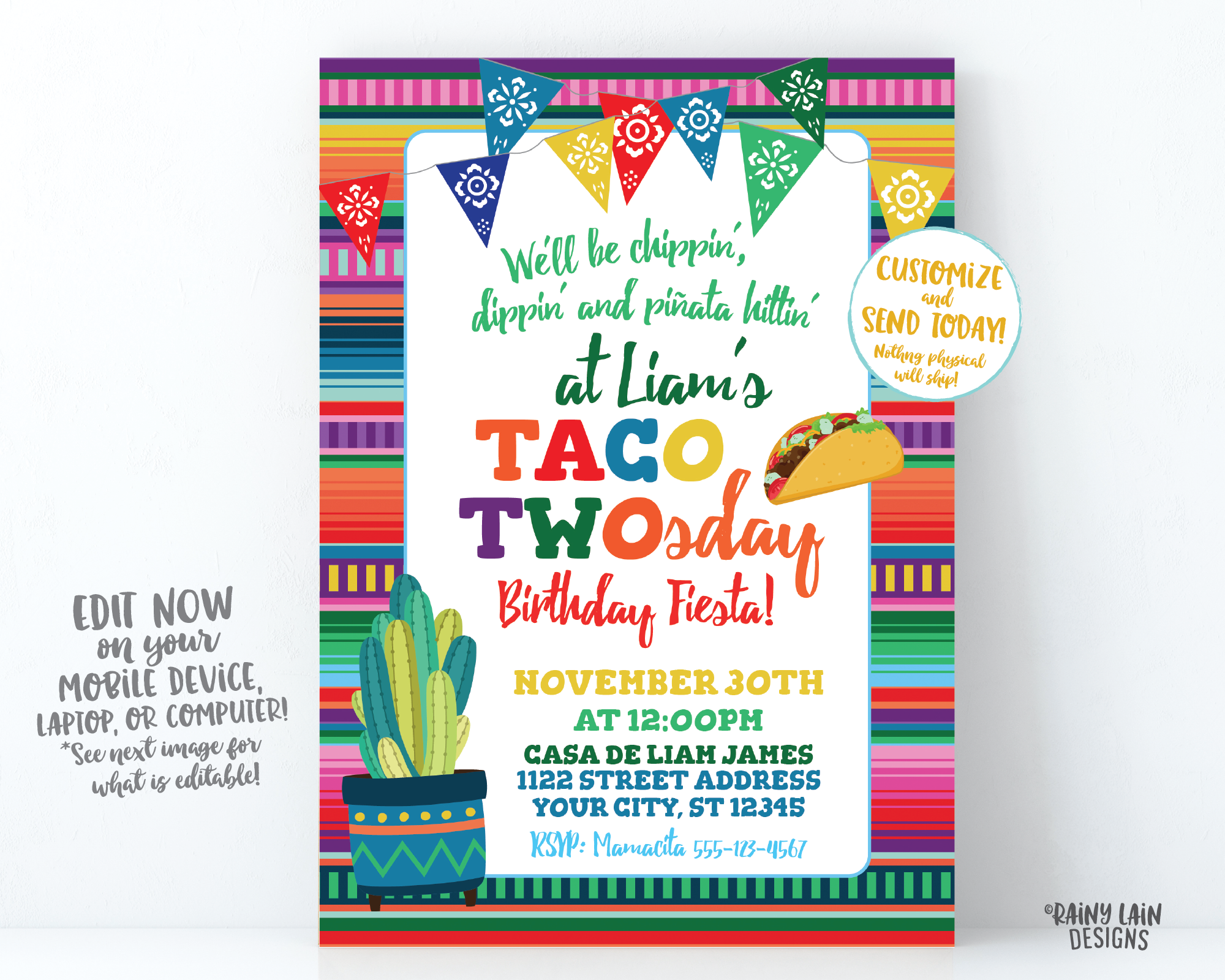 Taco TWOsday Invitation Digital Boy Taco Twosday Fiesta Invite Mexican Fiesta Invitation 2nd Birthday Fiesta Taco TWO-sday Fiesta Birthday Cactus Taco Papel Picado Serape Editable Fiesta Invite