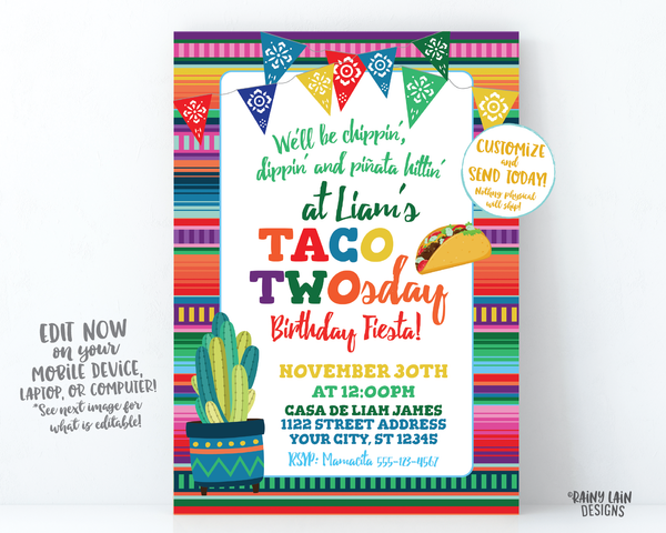 Taco TWOsday Invitation Digital Boy Taco Twosday Fiesta Invite Mexican Fiesta Invitation 2nd Birthday Fiesta Taco TWO-sday Fiesta Birthday Cactus Taco Papel Picado Serape Editable Fiesta Invite
