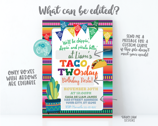 Taco TWOsday Invitation Digital Boy Taco Twosday Fiesta Invite Mexican Fiesta Invitation 2nd Birthday Fiesta Taco TWO-sday Fiesta Birthday Cactus Taco Papel Picado Serape Editable Fiesta Invite