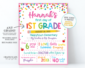 First Day of School Sign Template 1st day of school sign editable Back to School Picture Board First day of School Photo Prop Board 1st grade 2nd Grade 3rd Grade 4th grade 5th grade 6th grade Kindergarten ANY Grade Sign