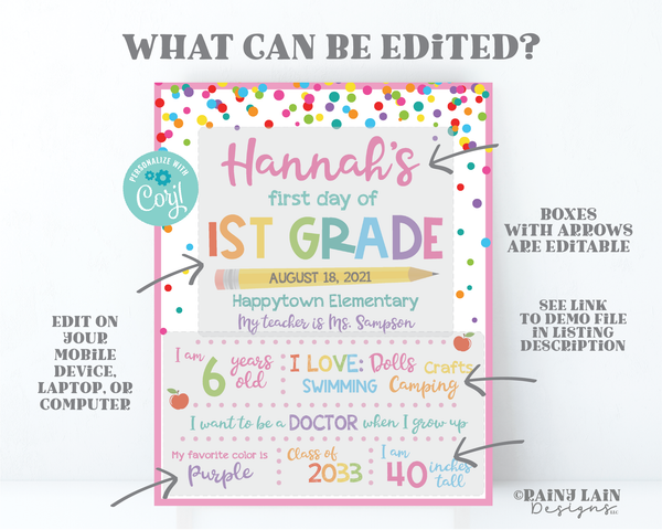 First Day of School Sign Template 1st day of school sign editable Back to School Picture Board First day of School Photo Prop Board 1st grade 2nd Grade 3rd Grade 4th grade 5th grade 6th grade Kindergarten ANY Grade Sign