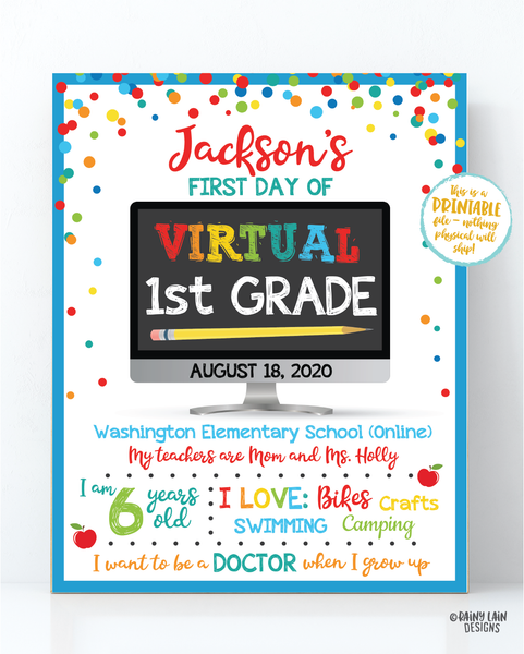 First Day of Virtual School Sign Template 1st day of virtual school sign editable Back to School Photo Prop virtual 1st grade, kindergarten