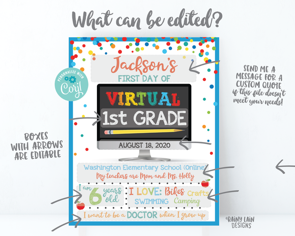 First Day of Virtual School Sign Template 1st day of virtual school sign editable Back to School Photo Prop virtual 1st grade, kindergarten