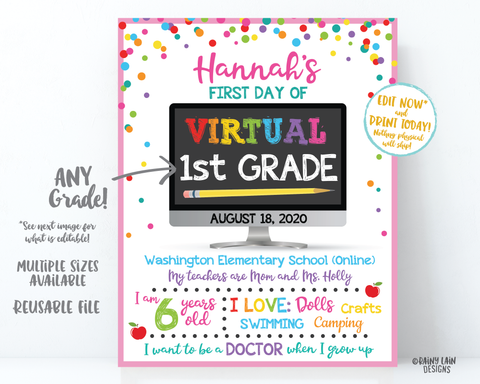 First Day of Virtual School Sign Template 1st day of virtual school sign editable Back to School Photo Prop virtual 1st grade, 2nd grade 3rd