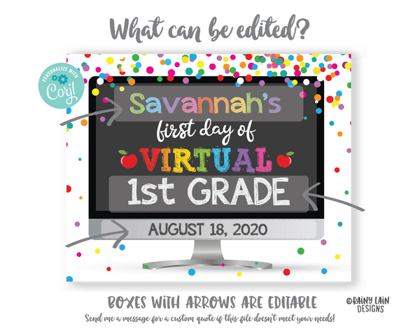 First Day of Virtual School Sign Template 1st day of virtual school sign editable Back to School Photo Prop Keepsake E-Learning Distance