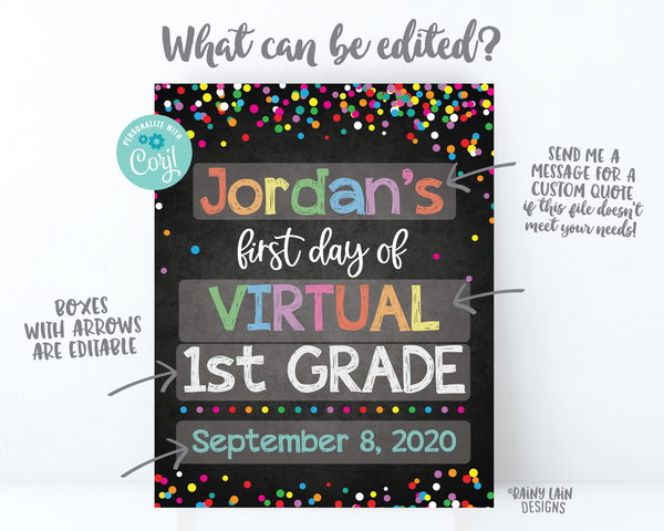 First Day of Virtual School Sign Template 1st day of school sign editable Back to School Chalkboard Photo Prop Keepsake E-Learning Distance