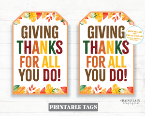 Giving Thanks for all you do Tags, Thankful Tags, Pie Tags, Thanksgiving Gift Tag, Employee Staff Teacher Pie Tags PTO Teacher Gift Tag