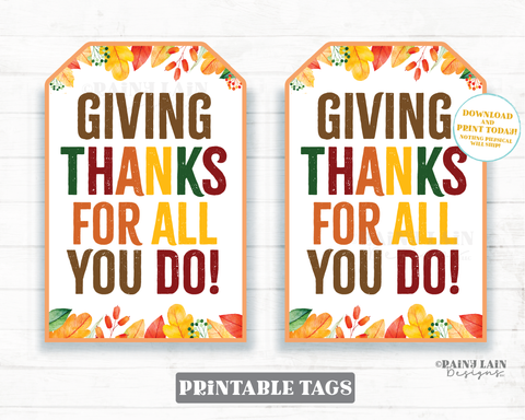 Giving Thanks for all you do Tags, Thankful Tags, Pie Tags, Thanksgiving Gift Tag, Employee Staff Teacher Pie Tags PTO Teacher Gift Tag