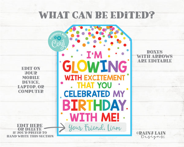 I'm glowing with excitement that you celebrated my birthday with me, glow stick birthday favor tags glow party favor tags light tags