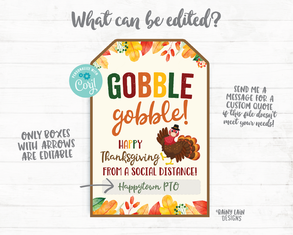 Gobble Gobble Happy Thanksgiving from a Social Distance Thanksgiving 2020 Tag Turkey with Face Mask Gift Tag Appreciation Tag Teacher Staff