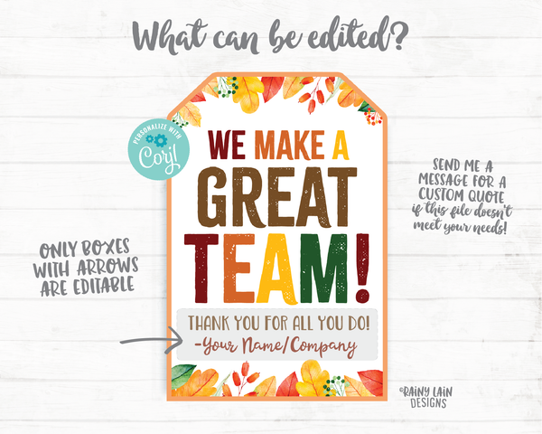 We make a great team Tags, Thankful Tags, Team Member Tag, Pie Tag, Thanksgiving Gift Tag Employee Company Co-Worker Staff Corporate Teacher