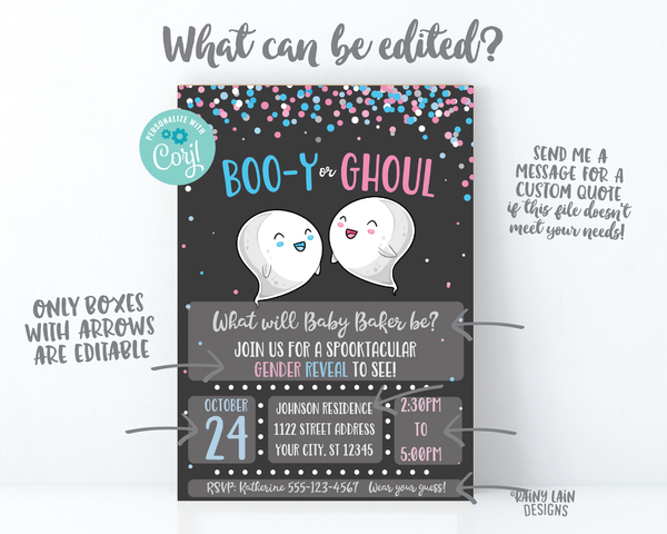 Halloween Gender Reveal Invitation Ghost Gender Reveal Boo-y or Ghoul Gender Reveal Invite pink and blue confetti chalkboard