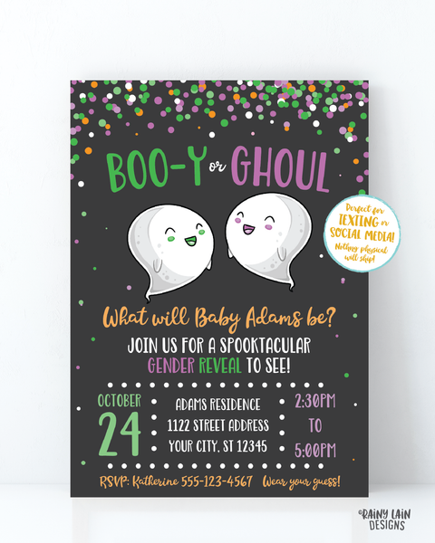 Halloween Gender Reveal Invitation Ghost Gender Reveal Boo-y or Ghoul Gender Reveal Invite Purple and Green confetti chalkboard