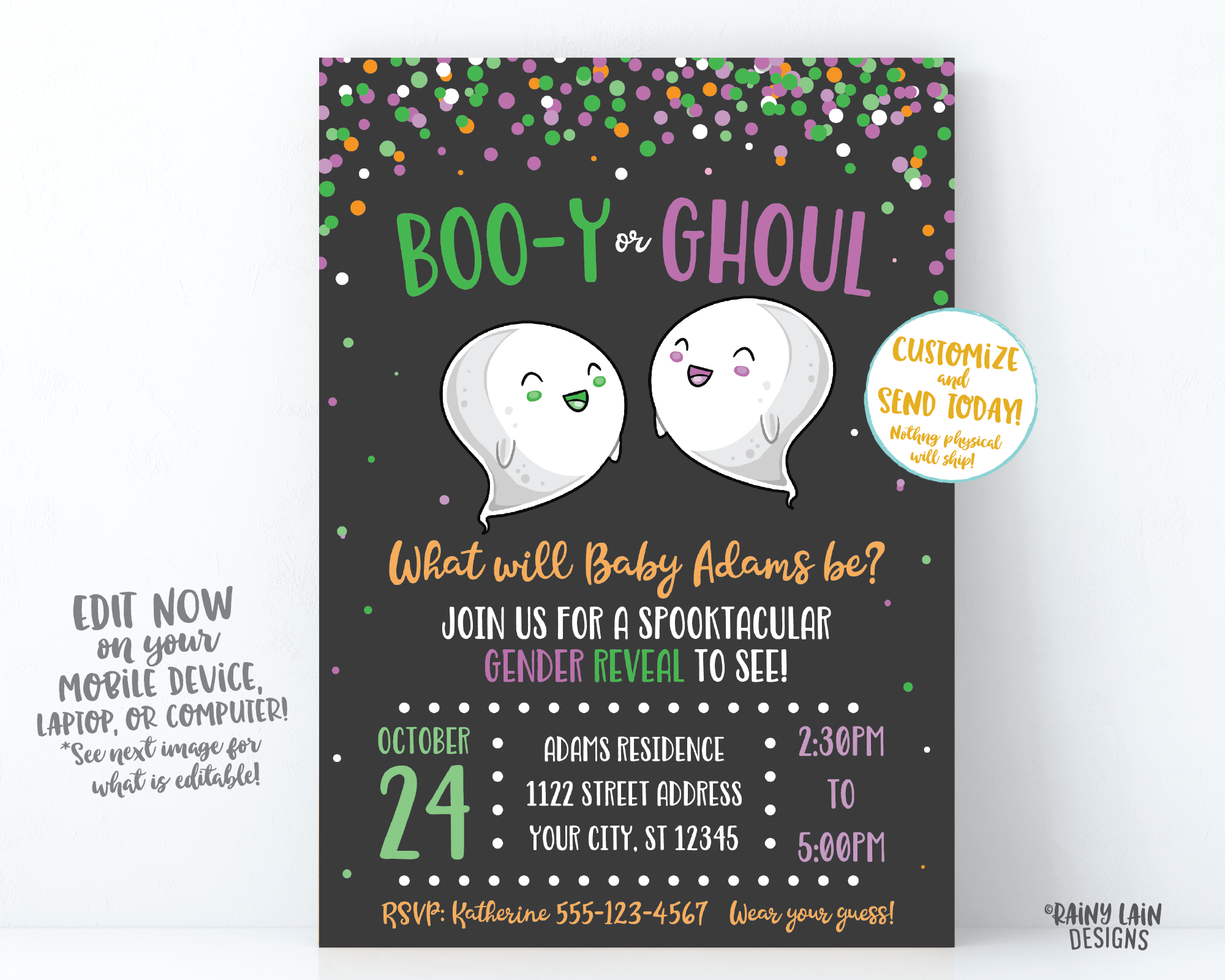 Halloween Gender Reveal Invitation Ghost Gender Reveal Boo-y or Ghoul Gender Reveal Invite Purple and Green confetti chalkboard