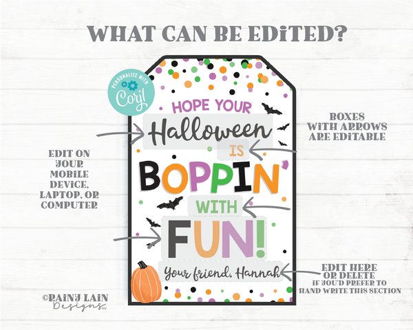 Halloween is Boppin' with Fun Tag Halloween Bop Gift Tag Halloween Bopping Toy Student Classroom Preschool Kids Editable Tag