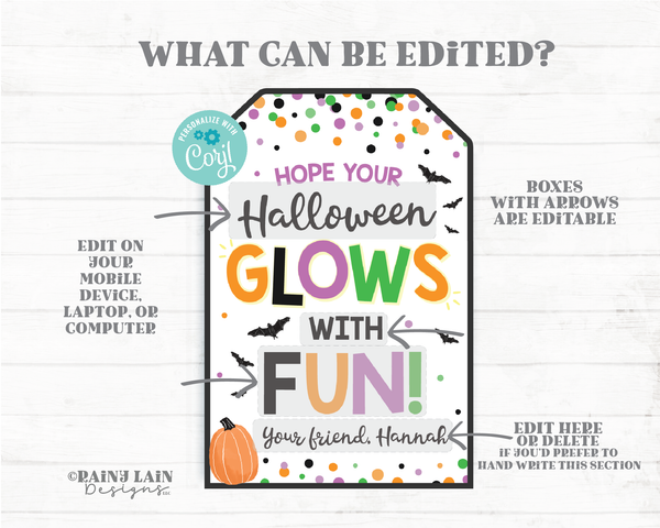 Halloween Glows with Fun Tag Halloween Glow Stick Gift Tag Halloween Light Halloween Night Student Classroom Preschool Kid Team Editable Tag