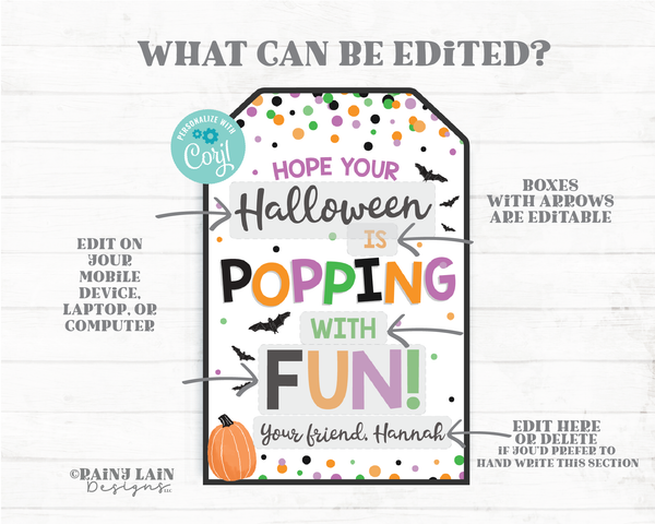 Halloween is Popping with Fun Tag Halloween Pop Gift Tag Halloween Fidget Toys Student Classroom Preschool Kids Popcorn Editable Tag