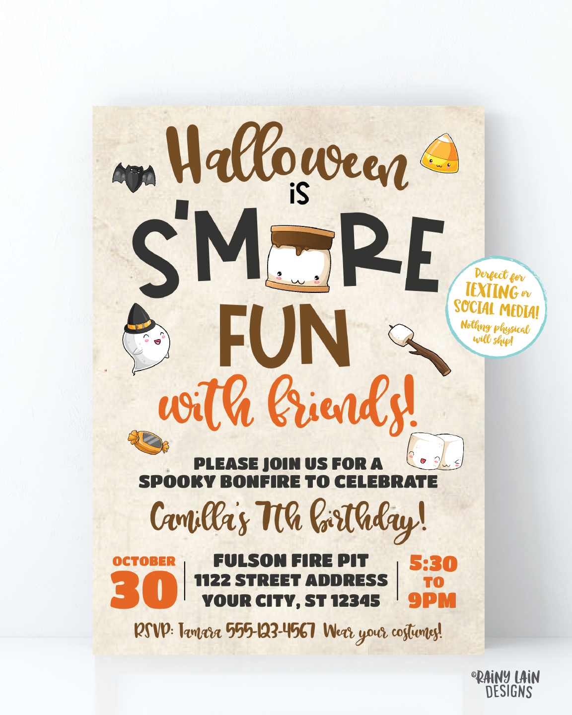 strapless open back dress Halloween S'mores Party Invitation, Halloween Birthday Invitation, S'm –  Rainy Lain Designs LLC