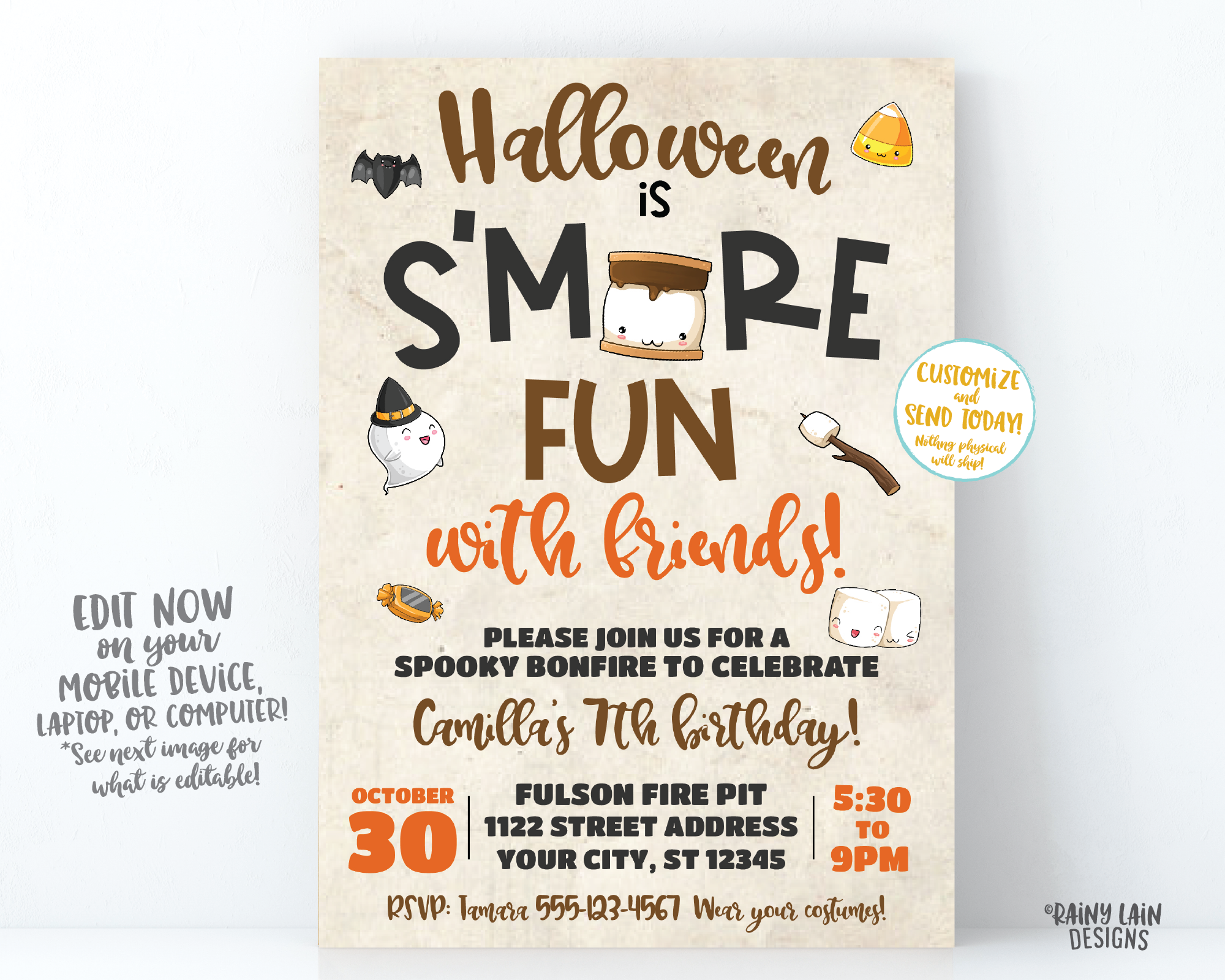 Halloween S'mores Party Invitation, Halloween Birthday Invitation, S'mores invitation, Outdoor Halloween invitation, Marshmallows Candy Corn