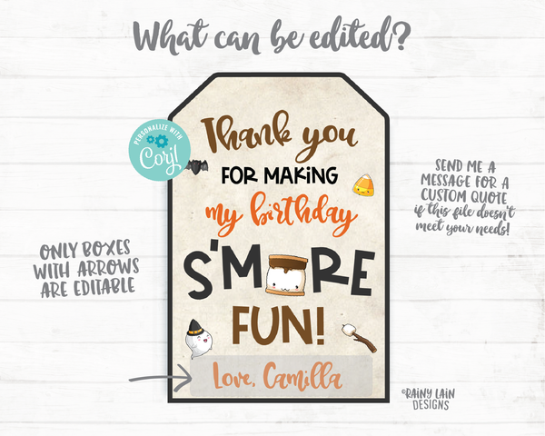 Halloween S'mores Birthday Tags S'mores Birthday Party Favor Tag S'mores Halloween Tags Thank you for making my birthday s'more fun Bonfire