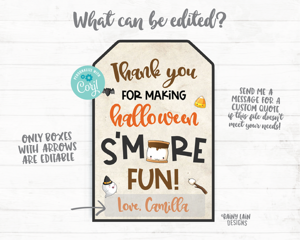 Halloween S'mores Tags S'mores Party Favor Tag S'mores Halloween Halloween party favor tag Thank you for making Halloween s'more fun Bonfire