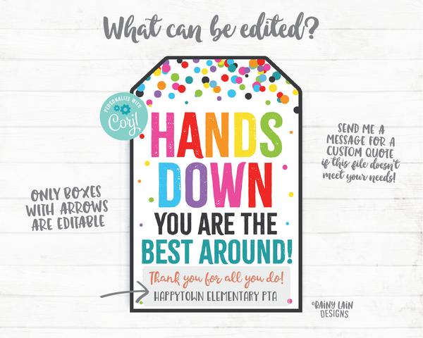Hands Down You're the Best Around Tag Sanitizer Gift Tag Employee Appreciation Frontline Essential Worker Staff Corporate Teacher PTO School