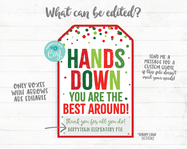 Hands Down You're the Best Around Tag Christmas Sanitizer Gift Tag Employee Appreciation Essential Worker Staff Corporate Teacher Thank you