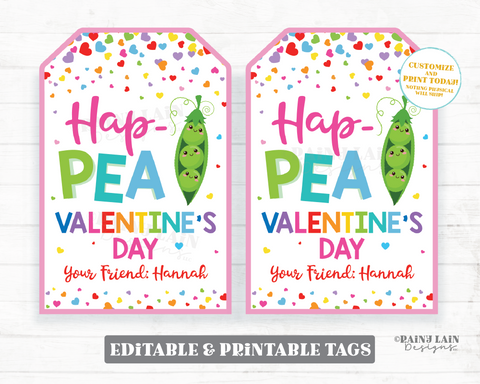 Hap PEA Valentine's Day Pea Pod Fidget Peas in a Pod Toy Valentine Gift Tag Hap-PEA Preschool Classroom Printable Kids Editable Non-Candy