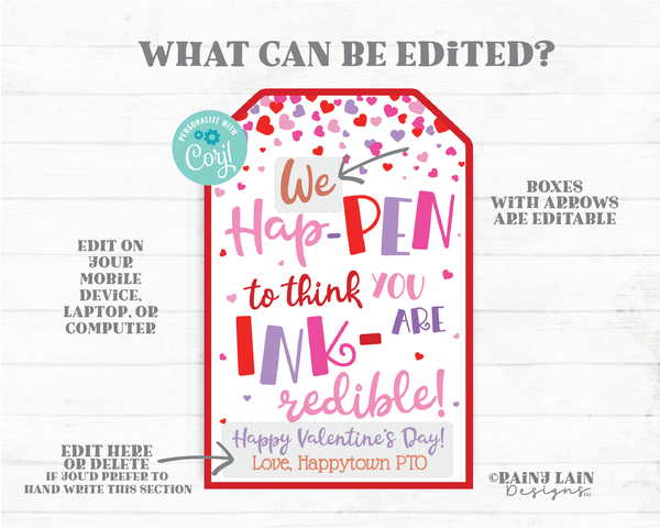 Ink Pen Gift Tags Hap-PEN INK-redible Printable Valentine's Day Tags Editable Valentine Appreciation Co-Worker Staff Employee Teacher PTO