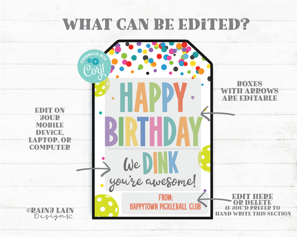 Happy Birthday We Dink You're Awesome Tag Pickleball Gift Pickle Ball Member Birthday Club President Board Teammate Player Partner Printable