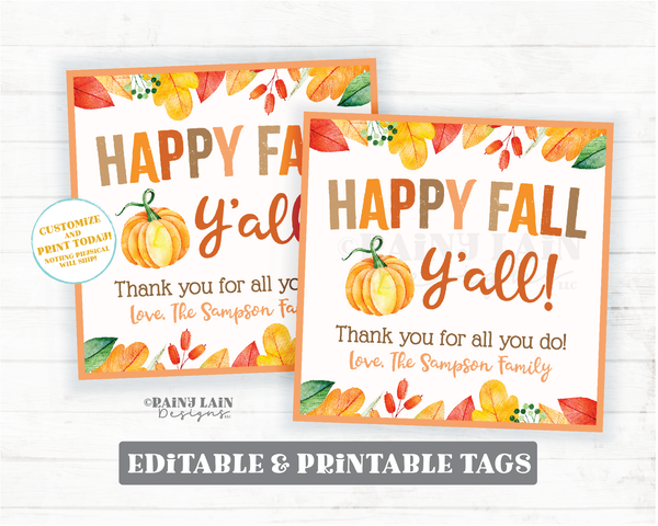 Happy Fall Ya'll Tag Printable Appreciation Gift Tag, Employee Co-Worker Student Teacher Friend Principal Nurse Thank you Autumn Gift Tag
