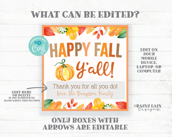 Happy Fall Ya'll Tag Printable Appreciation Gift Tag, Employee Co-Worker Student Teacher Friend Principal Nurse Thank you Autumn Gift Tag